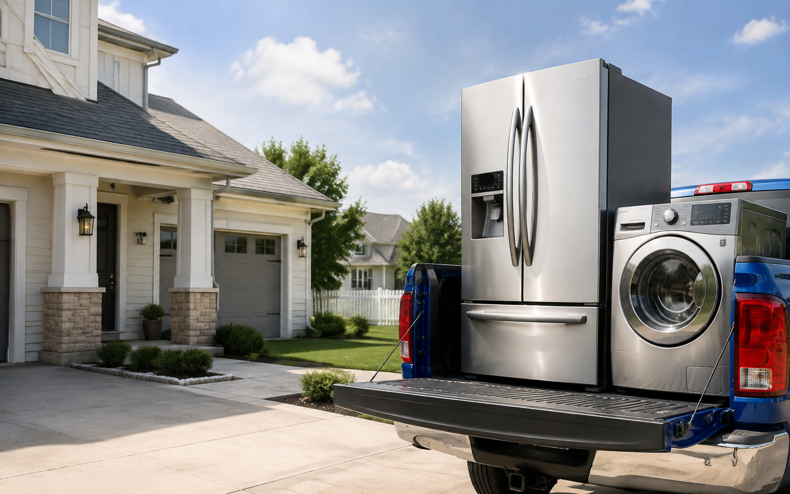 Appliances prepared beside a blue pickup truck for local delivery