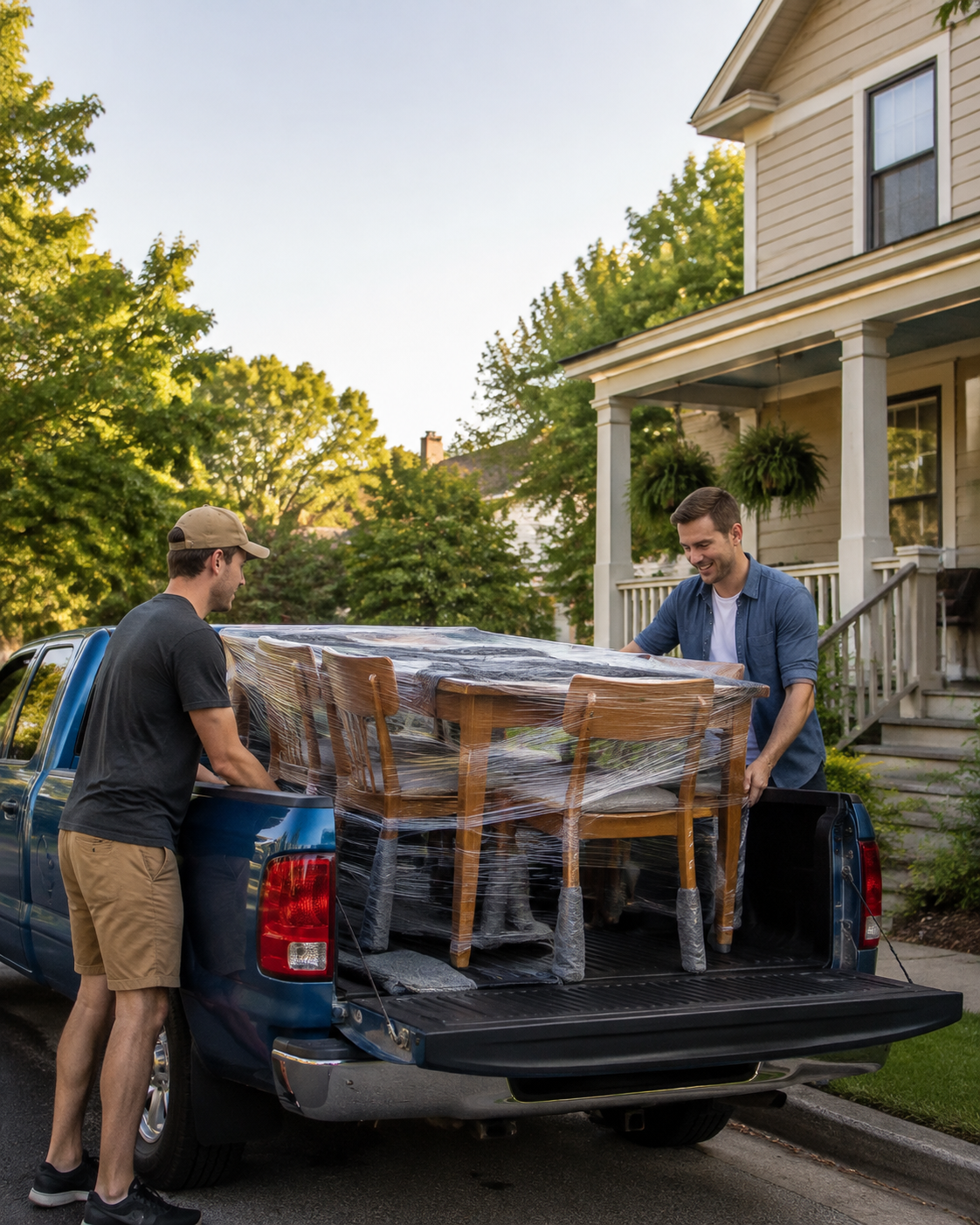 A local Marketplace furniture pickup being loaded beside a blue truck